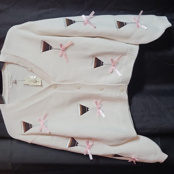 NWT, Francesca's CHOCOLATE MARTINI Cream Cardigan with Pink Bows, SIZE L - Picture 4 of 8